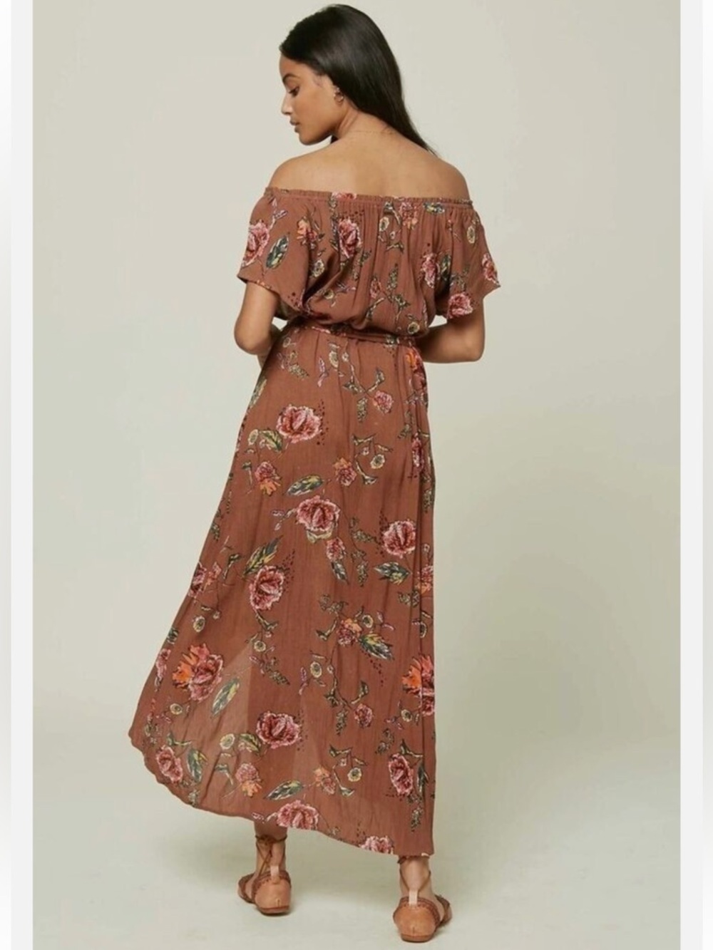 O'Neill Conners Off The Shoulder Midi Dress Large Women's Floral Brown Tie - Picture 2 of 6